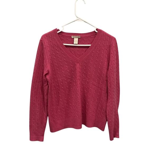 Tweeds Womens Cable Knit Cashmere Sweater Size Large Pink Preppy Classic V-neck - Picture 1 of 6